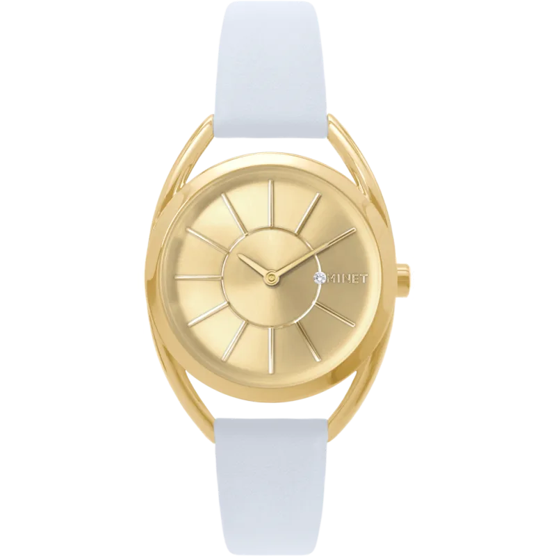 MINET Zlaté dámské hodinky ICON GOLD s bílým koženým řemínkem MWL5251