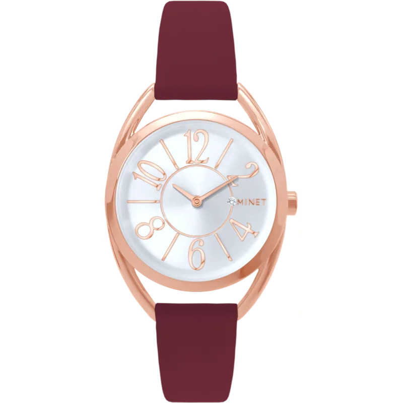 MINET Rose gold dámské hodinky s čísly ICON PINK se vínovým koženým řemínkem MWL5250