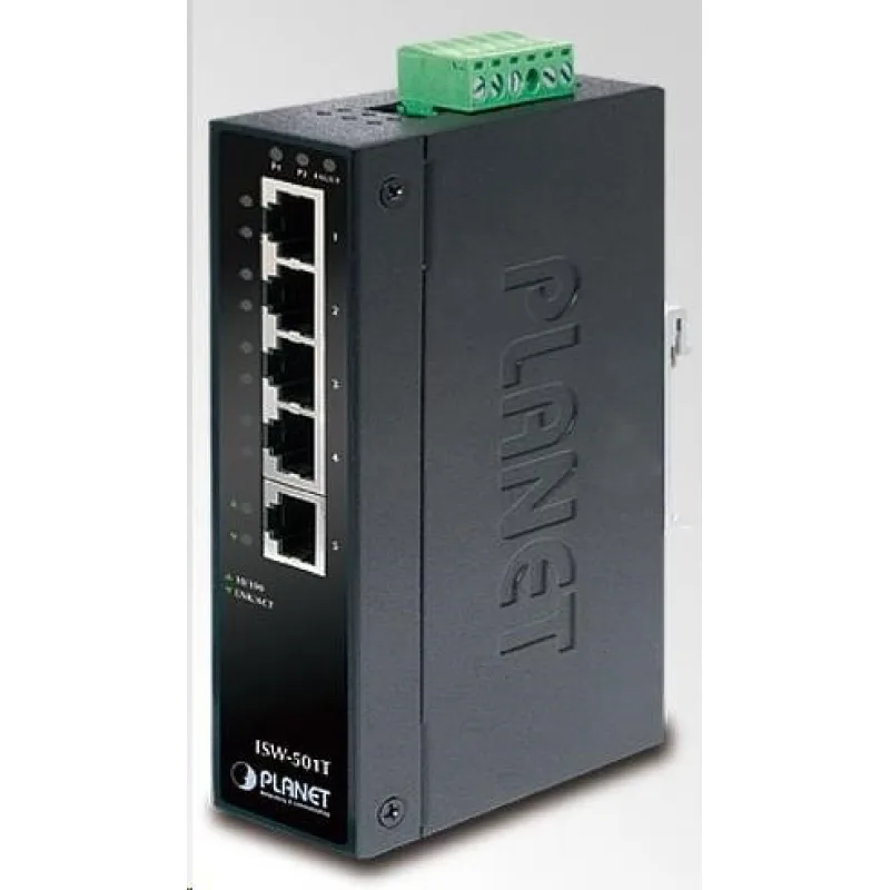 Planet ISW-501T, 5x 10/ 100, DIN, IP30, rozšířený teplotní rozsah -40…