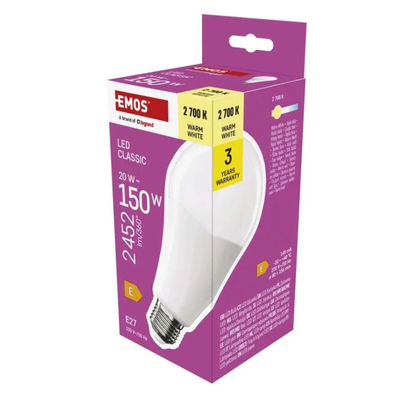 EMOS LED žiarovka Classic A80 / E27 / 20 W (150 W) / 2452 lm / Teplá…