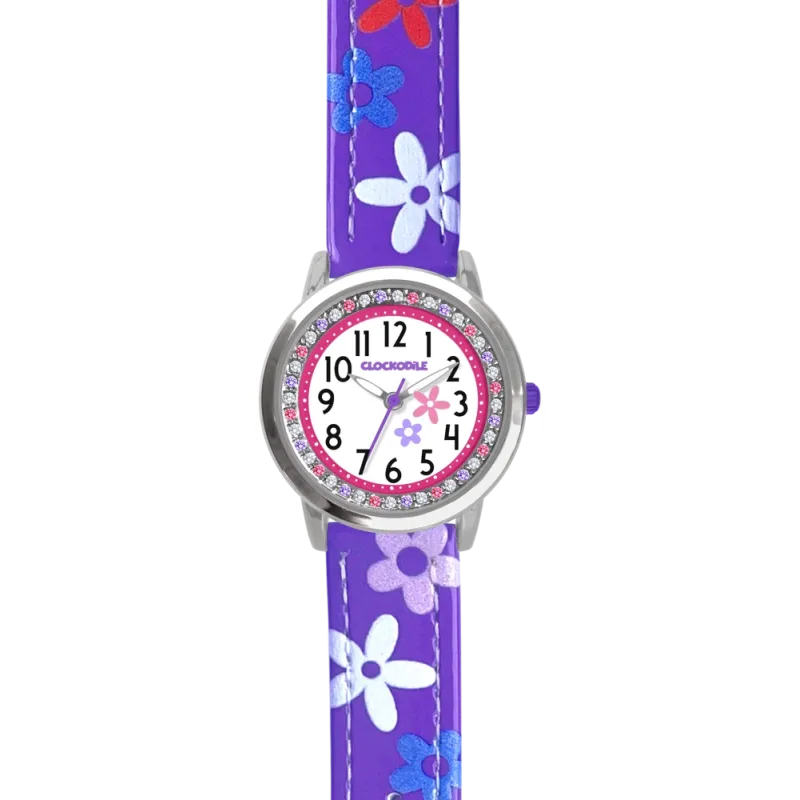 CLOCKODILE Fialové náramkové dívčí dětské hodinky s kamínky a kytičkami CWG5201