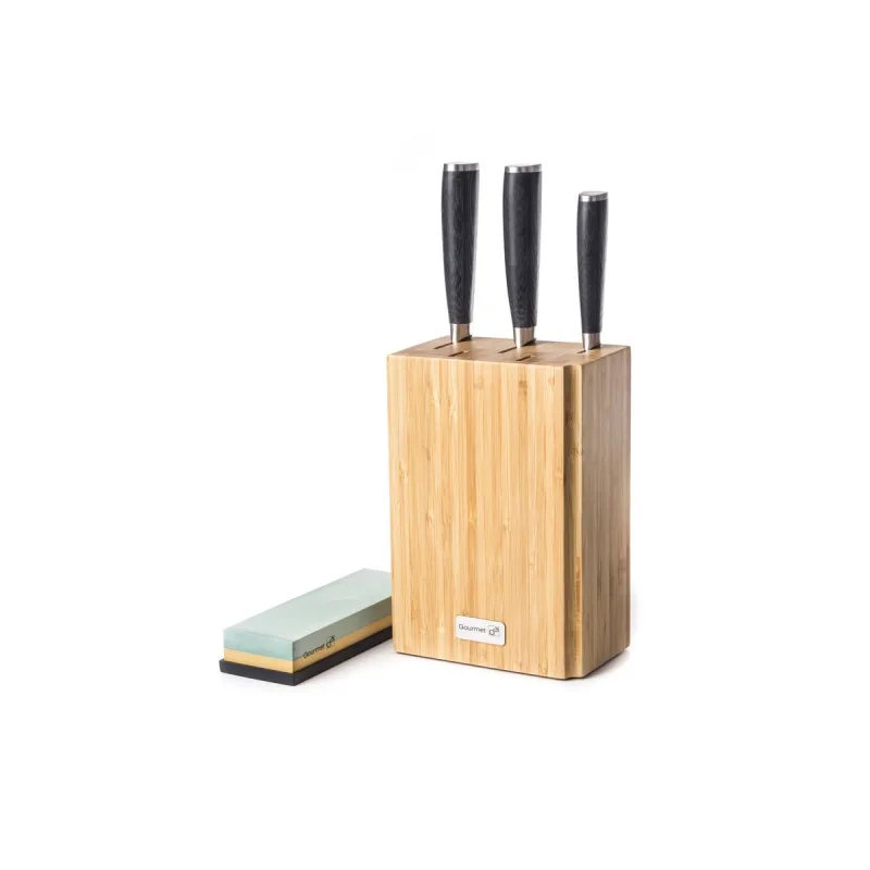 Sada nožov Damascus Premium v bambusovom bloku 3ks + brúsny kameň