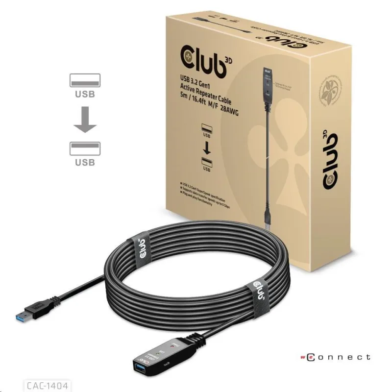 Kábel USB Club3D 3.2 Kábel aktívneho opakovača Gen1 M/ F 28AWG, 5 m CAC…