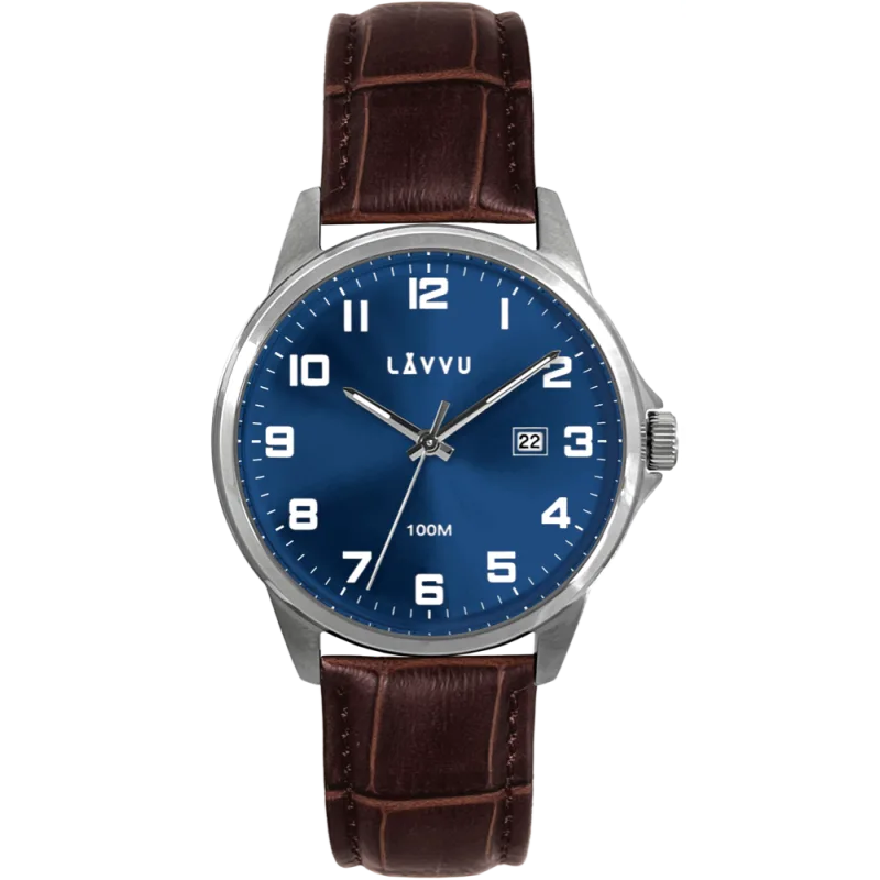 LAVVU Stříbrno-hnědé pánské hodinky ÖREBRO LWM0241 modrý číselník