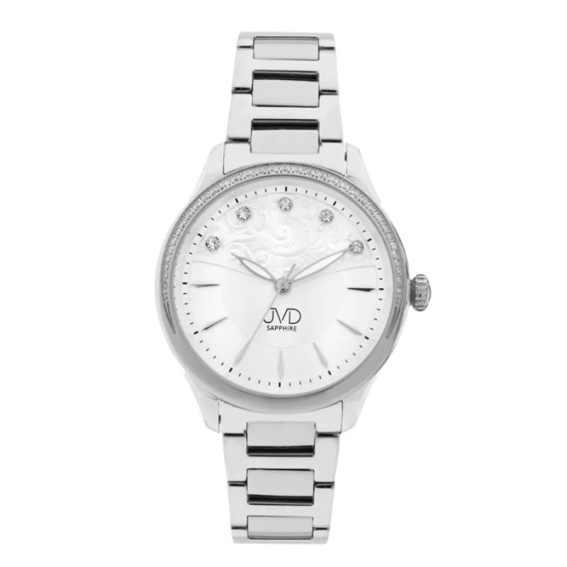 Dámské náramkové designové hodinky JVD JG1009.1 se zirkony na lunetě i číselníku