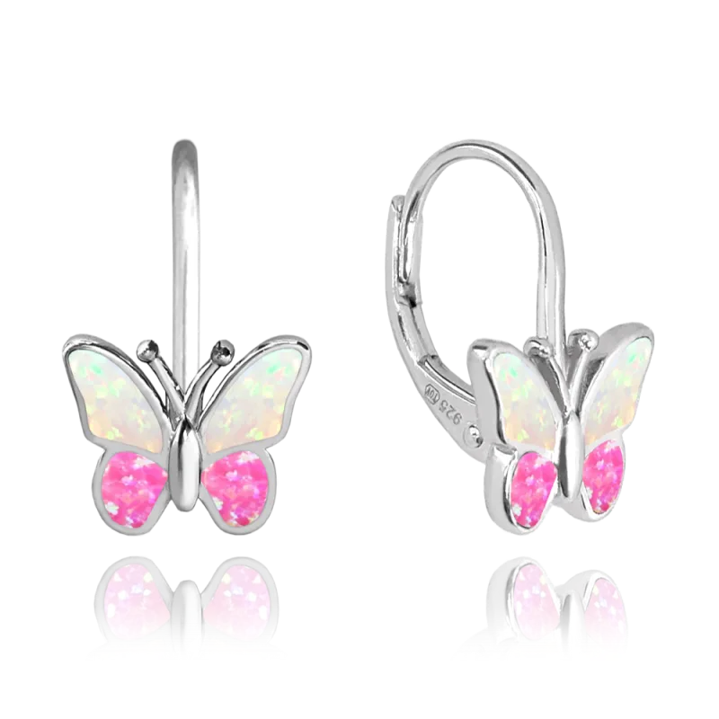 MINET Třpytivé stříbrné náušnice MOTÝLCI s růžovým opálem JMAD0040PE00
