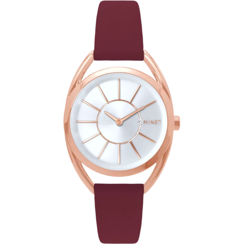 MINET Rose gold dámské hodinky ICON PINK s vínovým koženým řemínkem MWL5241