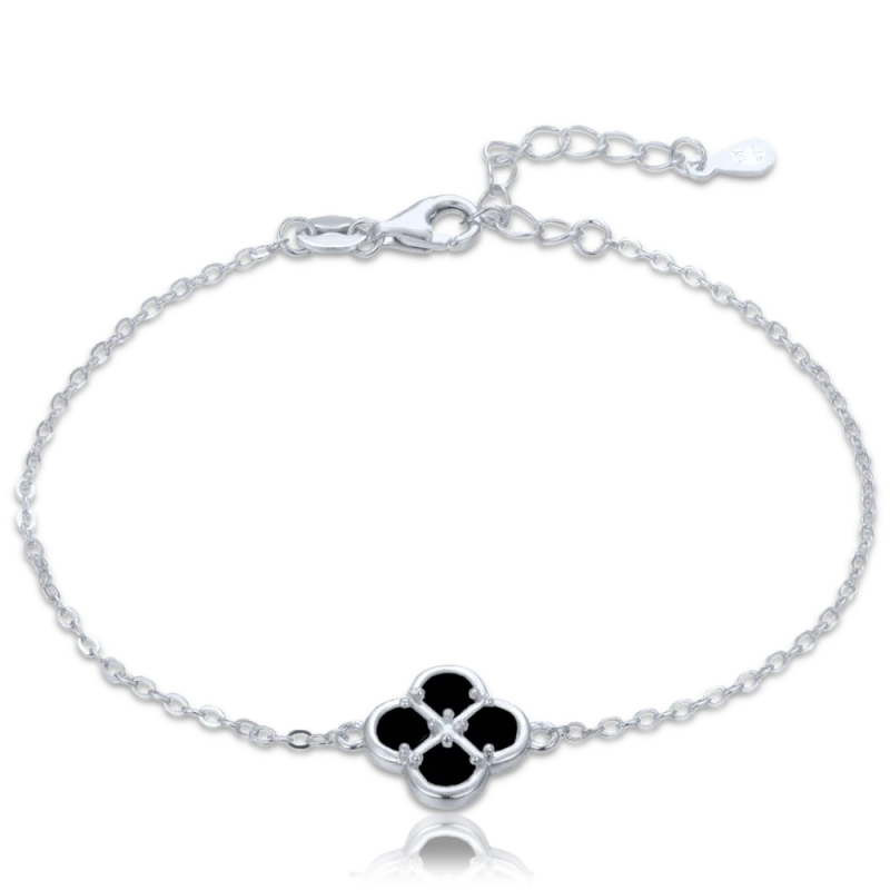 MINET Stříbrný náramek čtyřlístek s černou perletí JMAS7058CB19