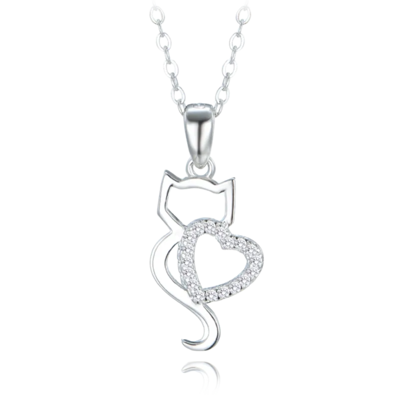 MINET Stříbrný náhrdelník kočka se srdíčkem a bílými zirkony JMAN0529SN45