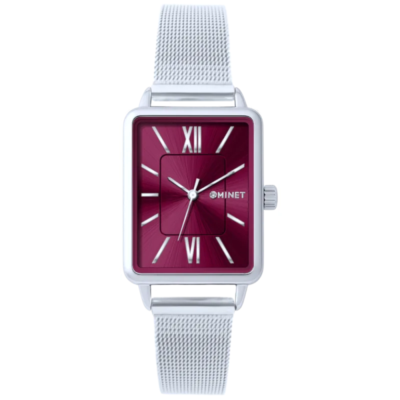 MINET Stříbrno-vínové dámské hodinky SIENA se stříbrným ocelovým řemínkem MWL5400
