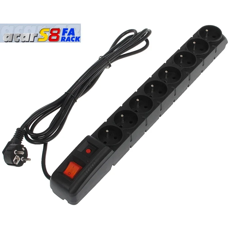 19" napája.panel ACAR S8/ 3m 8x220V Black+prep.ochr.10A 9608