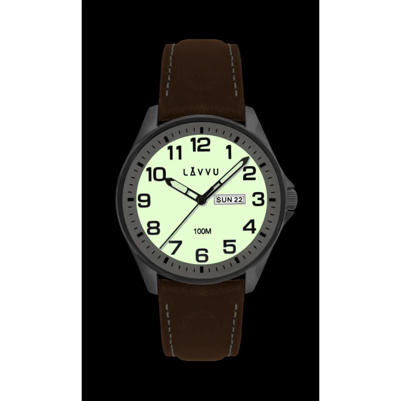Ocelové pánské hodinky LAVVU BERGEN White / Top Grain Leather se svítícím číselníkem LWM0143