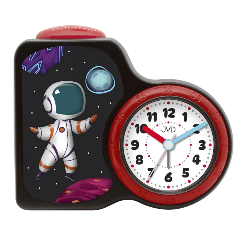JVD Dětský černo červený netikající tichý sweep budík JVD SRP163.3 s astronautem