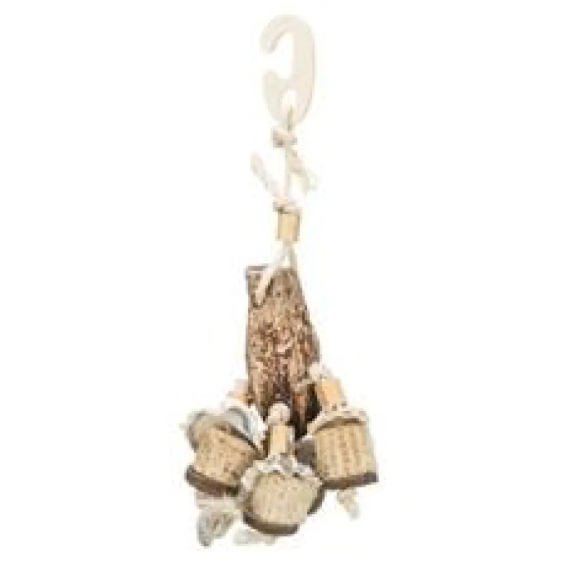 Závěsná přírodní hračka pro papoušky, mahagon/mušle, 26 cm 1 ks