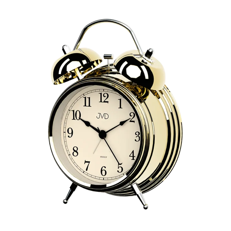 JVD Tichý netikající zlatý ručkový budík JVD sweep SRP2217.2 s mechanickými zvonky