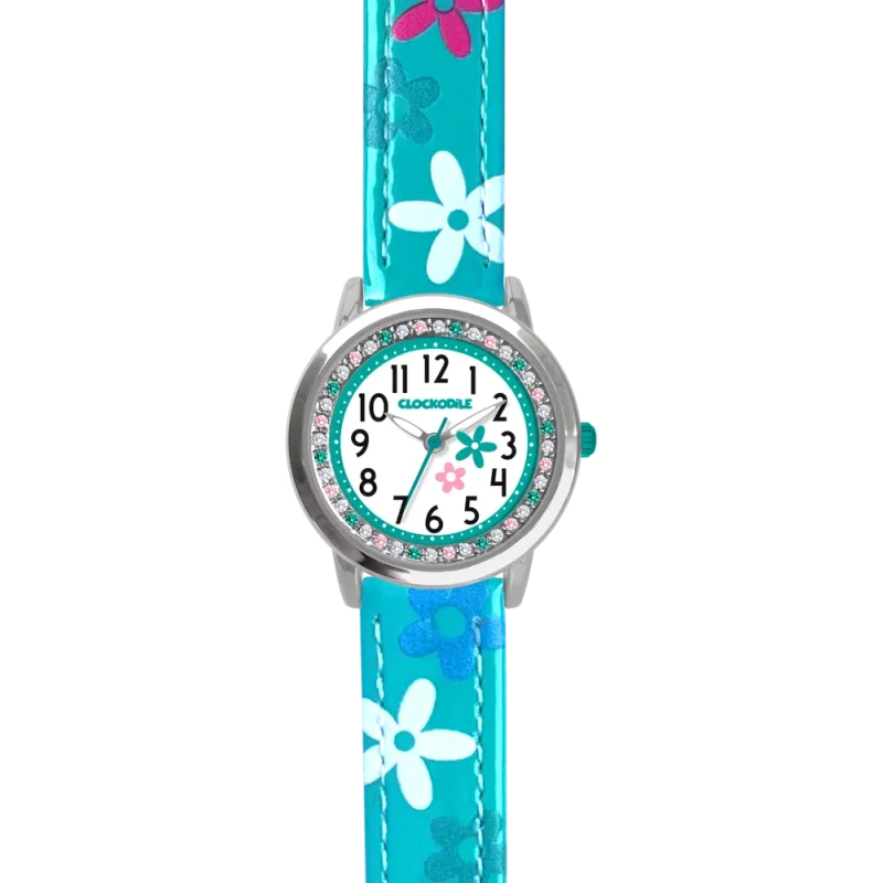 CLOCKODILE Náramkové tyrkysové dívčí dětské hodinky s kamínky a kytičkami CWG5200
