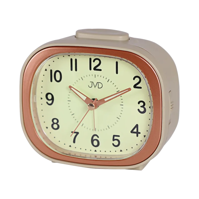 JVD Ručkový žlutý analogový netikající tichý budík JVD SRP1201.2 s luminiscenčním displejem