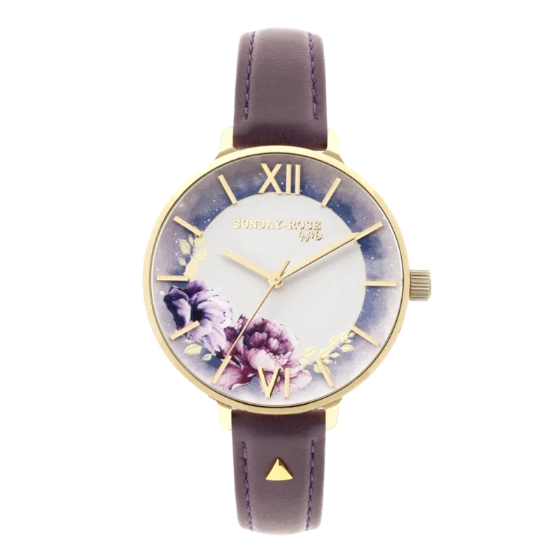 SUNDAY ROSE Dámské květinové eleganní hodinky Enchanted Midnight Sky Leather SUN-E06