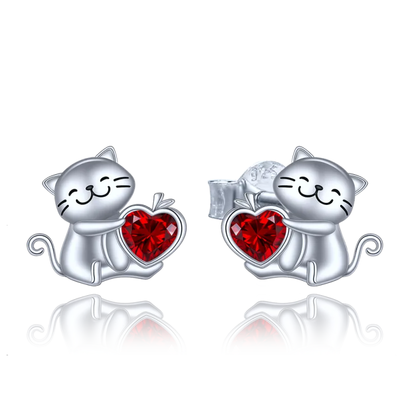MINET Stříbrné náušnice kočky se srdíčkem s červenými zirkony