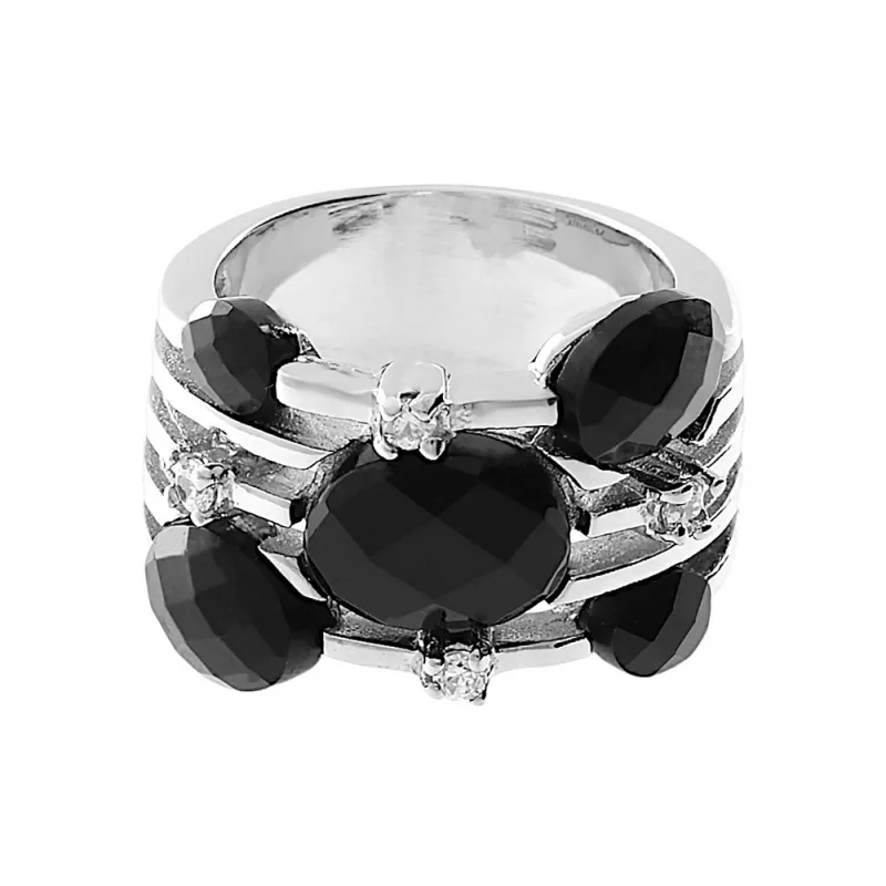 MPM Dámský ocelový nerezový prsten s černými zirkony 5331 (velikost 55) - stříbrné barvy