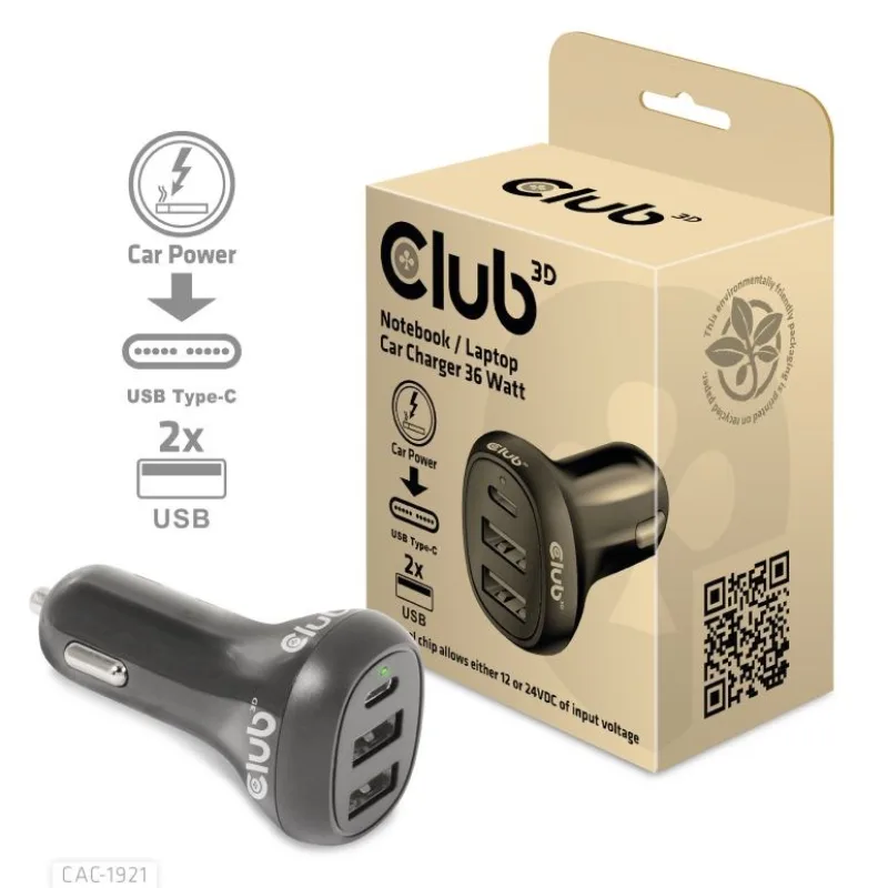 Club3D Auto nabíječka pro Notebooky 36W, 3 porty (2xUSB-A + USB-C) CAC…