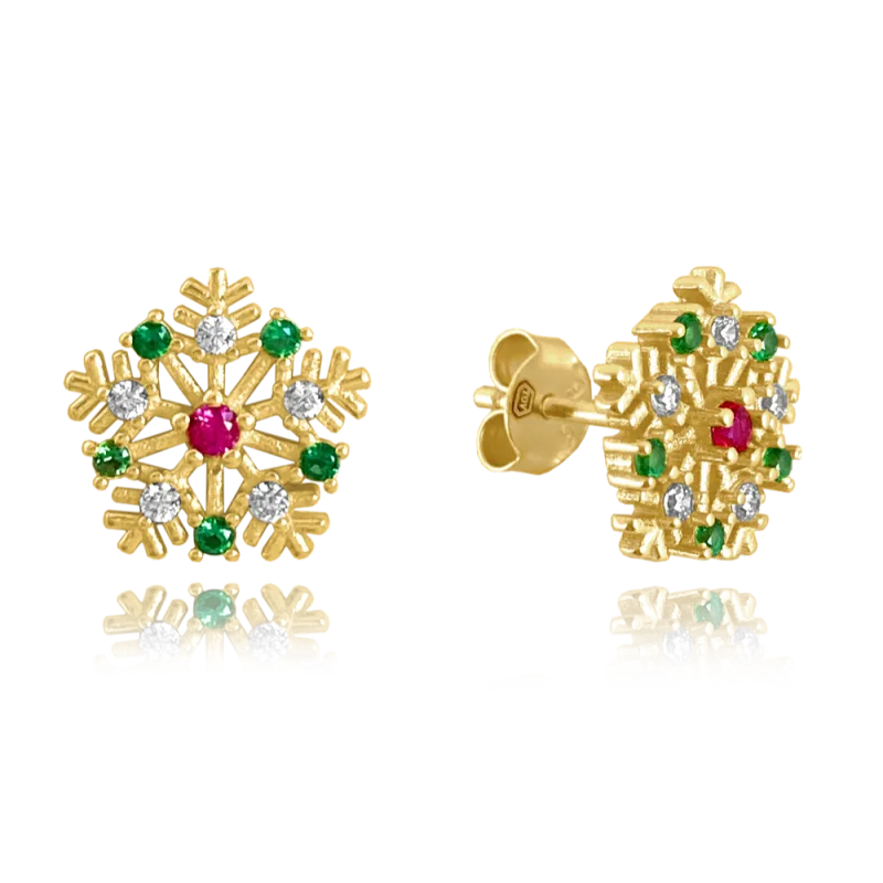 MINET Pozlacené stříbrné náušnice SNĚHOVÉ VLOČKY s barevnými zirkony JMAS8038GE00