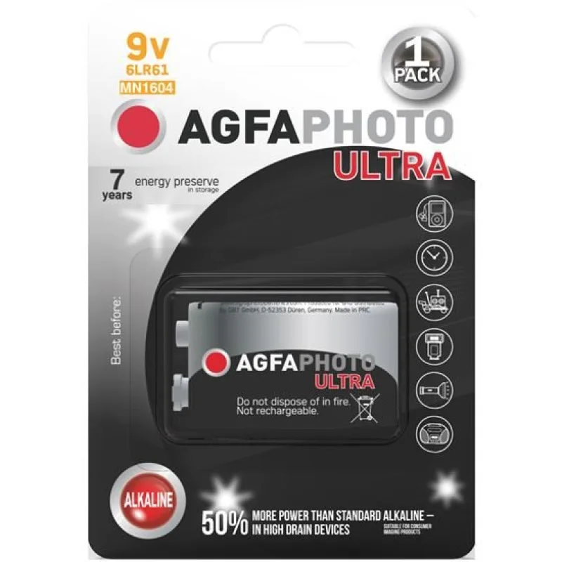 AgfaPhoto Ultra alkalická batéria 9V, blister 1ks AP-6LR61U-1B