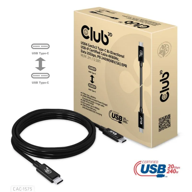 Club3D kabel USB4 Gen2x2 Typ-C, Oboustranný USB-IF Certifikovaný data…