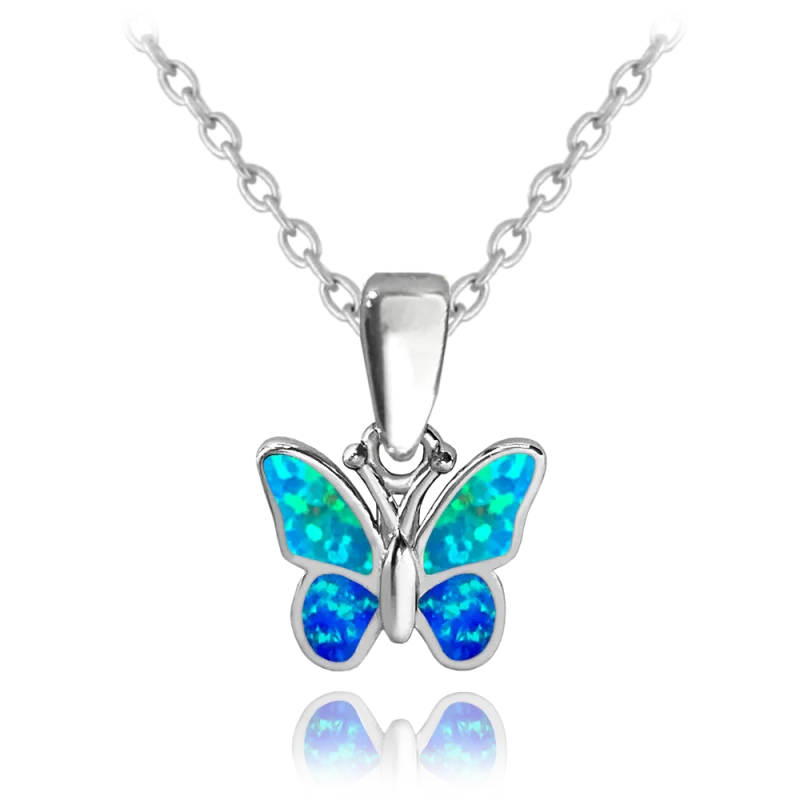 MINET Třpytivý stříbrný náhrdelník MOTÝLEK s modrým opálem JMAD0040AN38