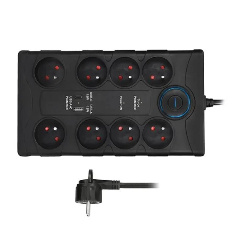 Solight prepäťová ochrana, 8z, USB A+C, 2m, čierna PO80B