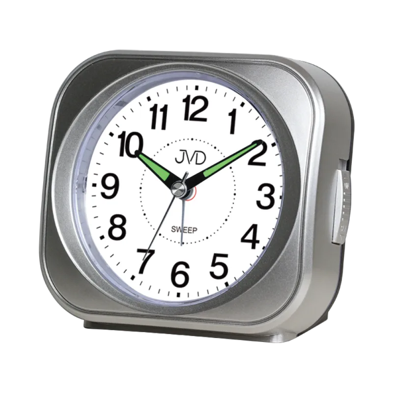 JVD Stříbrný tichý budík s LED osvětlením s plynulým chodem JVD SRP1604.2