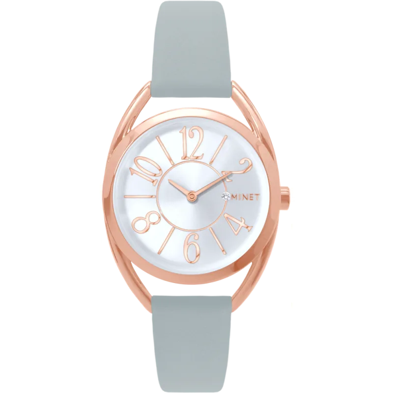 MINET Rose gold dámské hodinky s čísly ICON PINK se šedým koženým řemínkem MWL5249