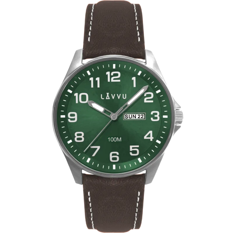 LAVVU Ocelové pánské hodinky BERGEN Green / Top Grain Leather se svítícími čísly LWM0147