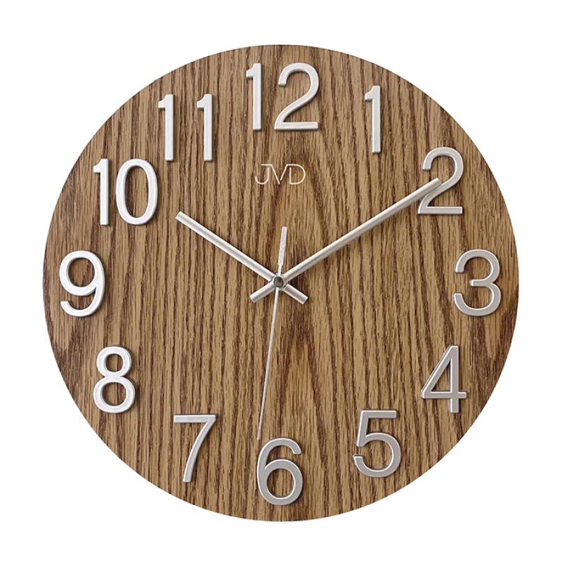 JVD Skleněné hnědé kulaté čitelné nástěnné hodiny v imitaci dřeva JVD HT98.9