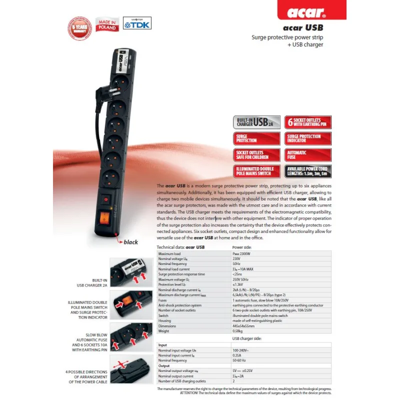 Acar USB 3m kábel 6 zásuviek 2xUSB prep.ochr.čierny ppacarusb-3