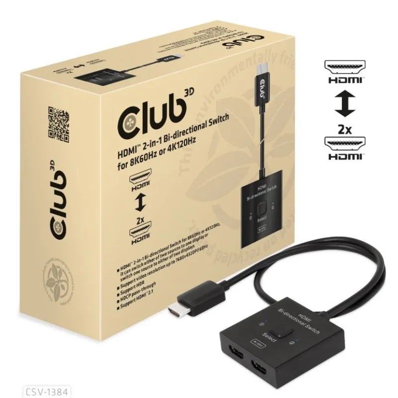 Club3D Switch, HDMI na 2xHDMI Oboustranný 2v1, 8K60Hz, 4K120Hz CSV-1384