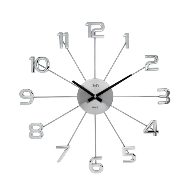 Luxusní paprskovité kovové nástěnné stříbrné hodiny JVD HT072 s číslicemi