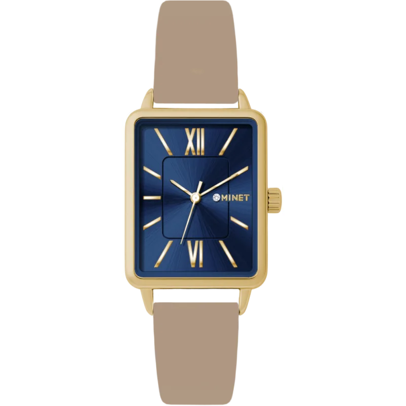 MINET Zlato-modré dámské hodinky SIENA s béžovým koženým řemínkem MWL5431