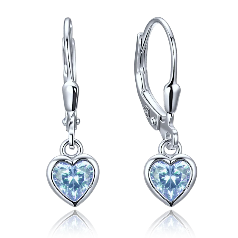 MINET Decentní stříbrné náušnice srdce se světle modrými zirkony