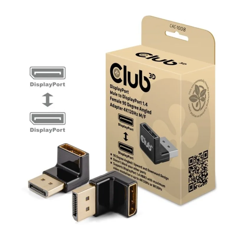 Club3D Adaptér DisplayPort na DisplayPort 1.4, 4K120Hz, 8K30Hz, 90°…