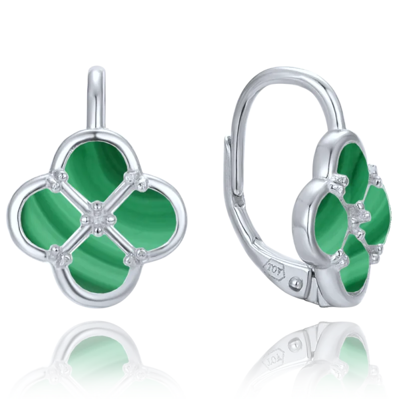 MINET Stříbrné náušnice čtyřlístky s malachitem JMAS7058ZE00