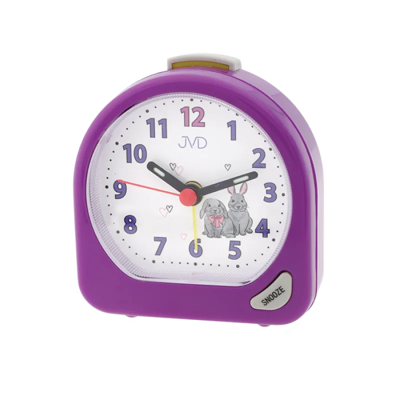 Dětský fialový ručkový budík JVD SR672.2 s králíčkama a srdíčkama