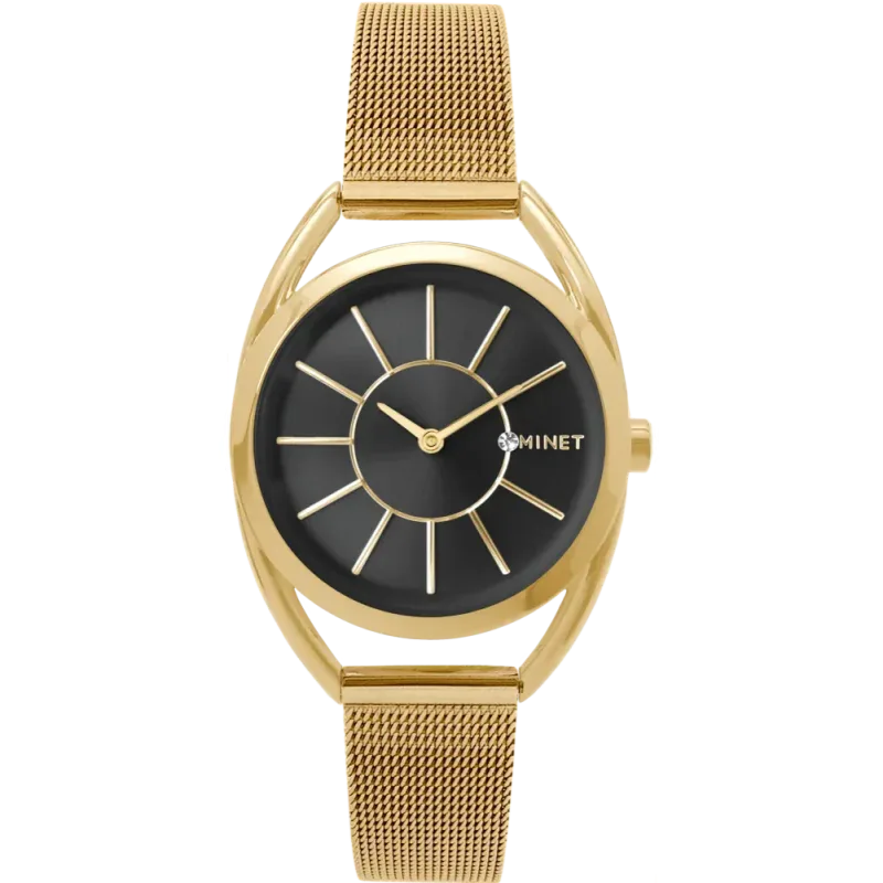 MINET Černo zlaté dámské hodinky ICON GOLD MESH s černým číselníkem MWL5220