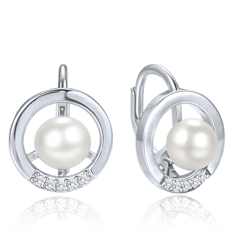 MINET Elegantní stříbrné náušnice kroužky s perlou a zirkony