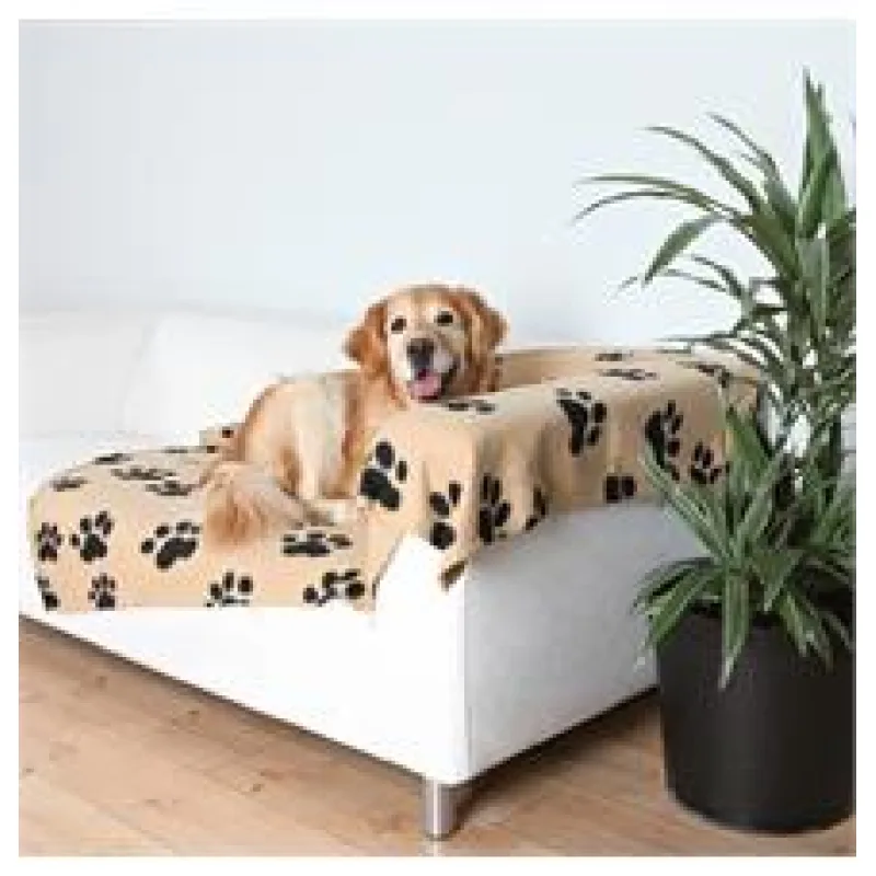 Flaušová deka BARNEY - béžová s černými tlapkami 150x100cm