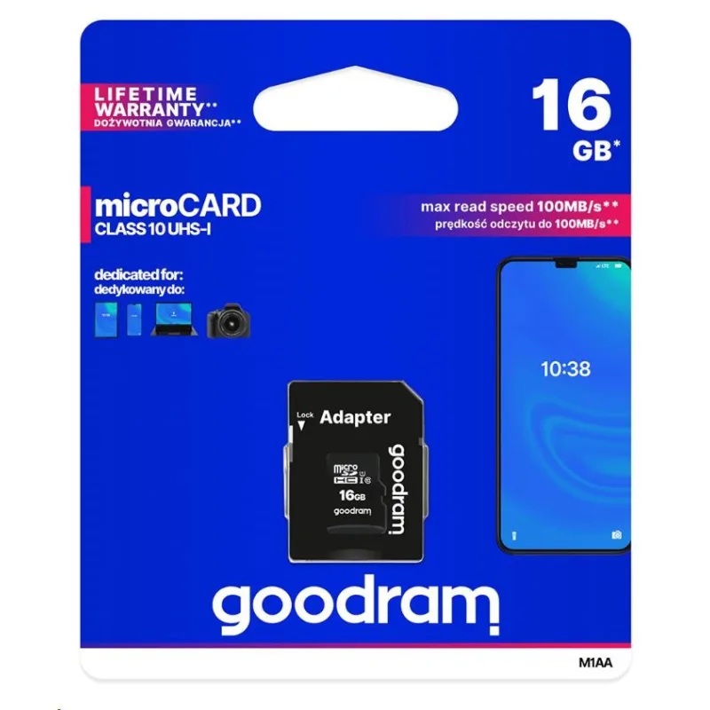 Karta GOODRAM MicroSDHC 16GB M1AA, UHS-I Class 10, U1 + adaptér M1AA…