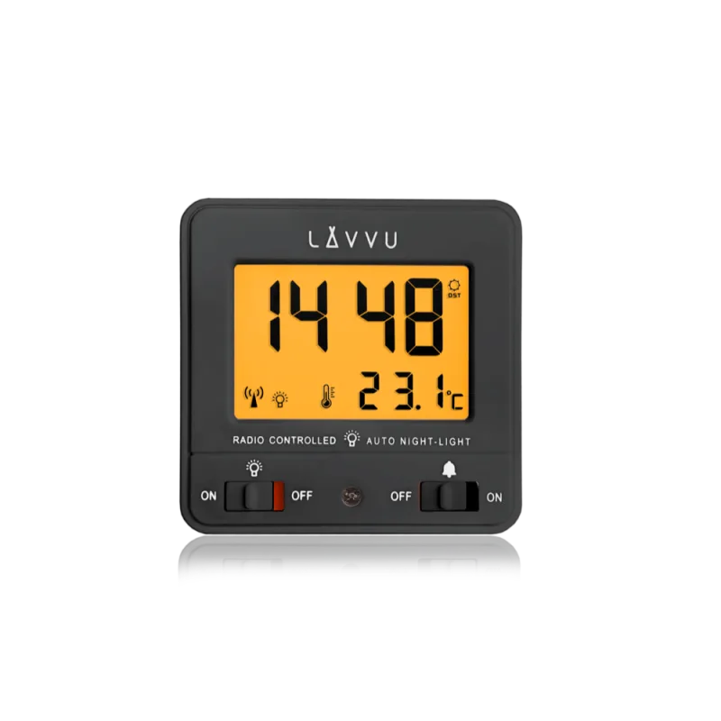 LAVVU Digitální budík řízený rádiovým signálem NORDLYS černý se světelným senzorem LAR0041