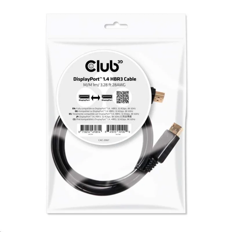 Club3D Certifikovaný Kabel DisplayPort 1.4 HBR3 8K60Hz (M/ M), 1m CAC…