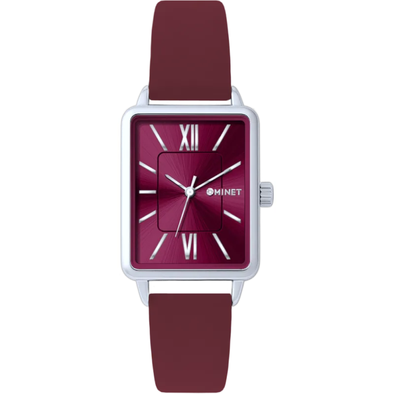 MINET Stříbrno-vínové dámské hodinky SIENA s vínovým koženým řemínkem MWL5403