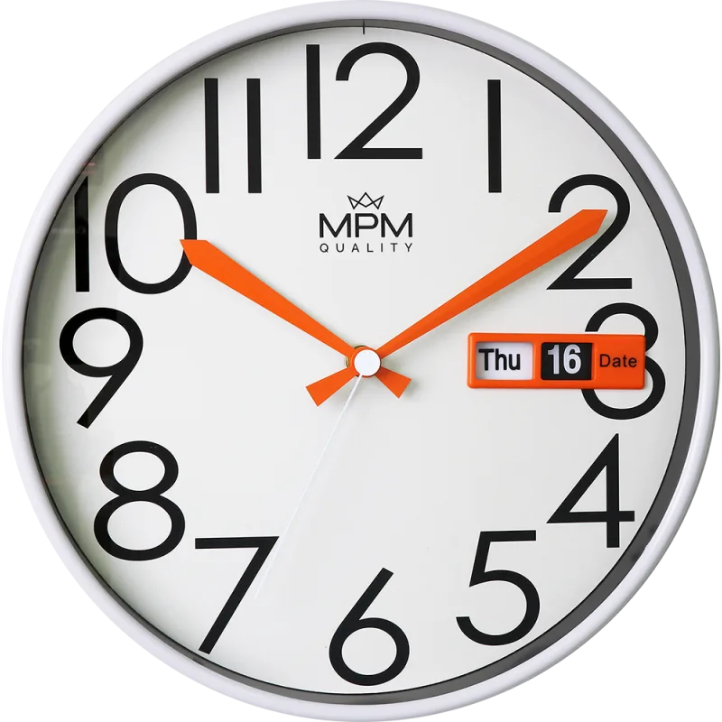 MPM Bílé kulaté nástěnné hodiny MPM E01.3852 - Date